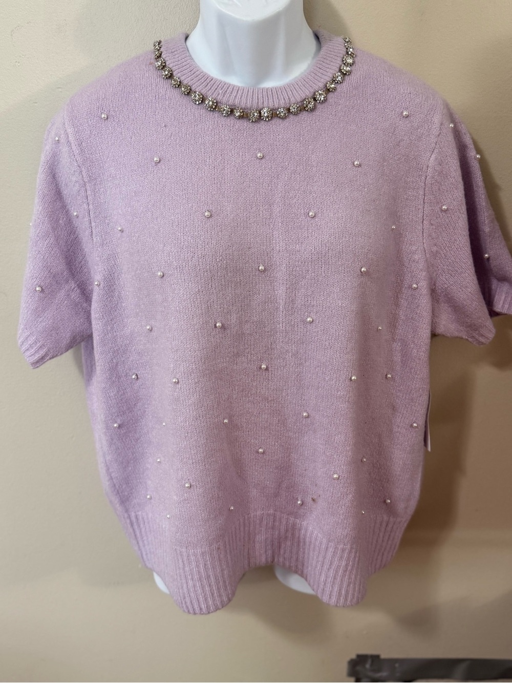 Lilac Pearl-Embellished Short Sleeve Sweater